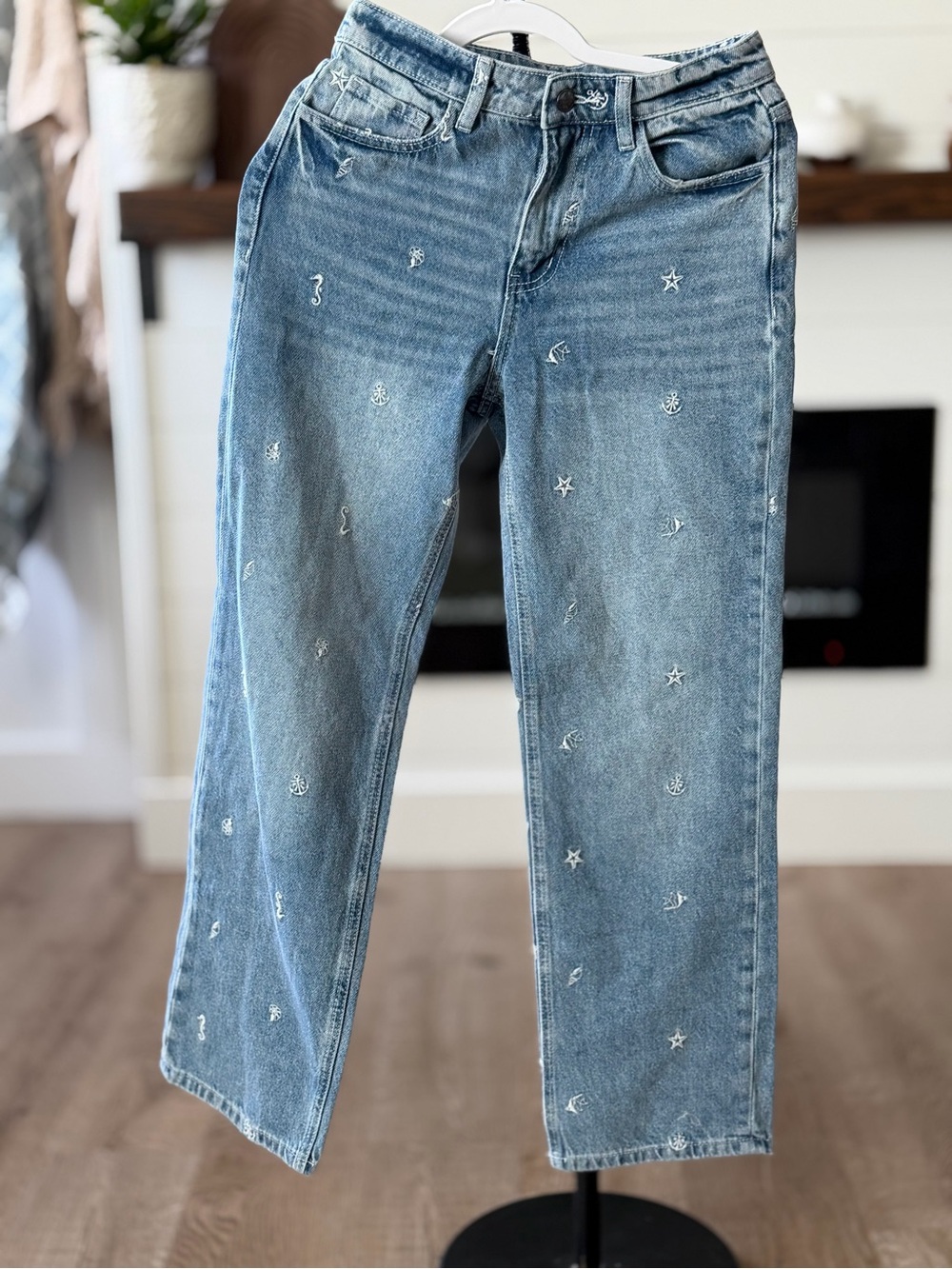 Altar'd State Light Blue Straight-Leg Jeans with White Embroidery